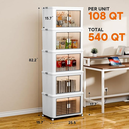 5 Tier 540 Qt Storage Bins with Lids - Stackable Storage Bins, Large Plastic Storage Boxes for Toy, Closet, Open Front Storage Bin with Wheels Suitable for Garage, Bedroom, Living Room, Camping