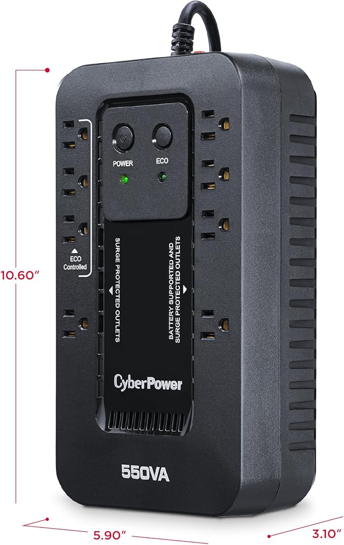CyberPower EC550G Ecologic UPS Battery Backup and Surge Protector, 550VA/330W, 8 Outlets, ECO Mode, Compact, UL Certified