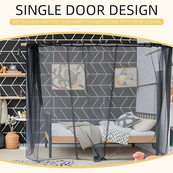 4 Corners Mosquito Net for Mosquiteros para Camas Bed Canopies Netting Bed Drapes Rectangular Mosquito Mesh for Camping Home Outdoor Travel(Black,L79 X W71 X H67 Inch,1 Opening)