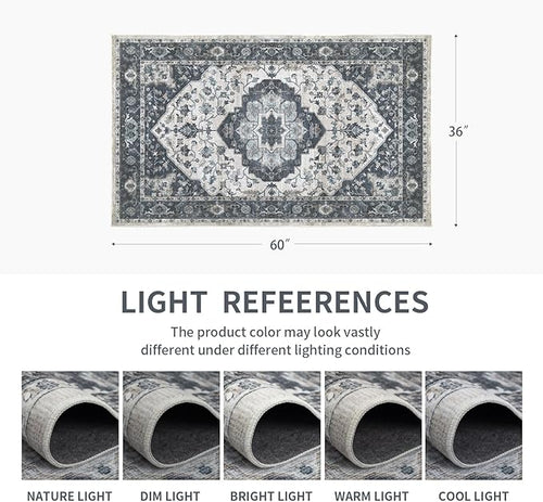 3x5 Vintage Washable Area Rug for Living Room,Low Pile Non Slip Carpet Non-Shedding Small Area Rug Soft Indoor Stain Resistant Rug Floral Print Mat for Bedroom Dining Room Blue Beige