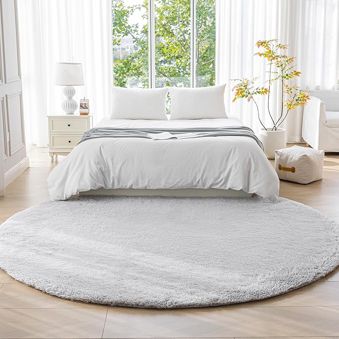 Amazon Basics Fluffy Washable Round Area Rug, Circle Shaggy Carpet for Living Room, Bedroom, Nursery, 6'R, Gray