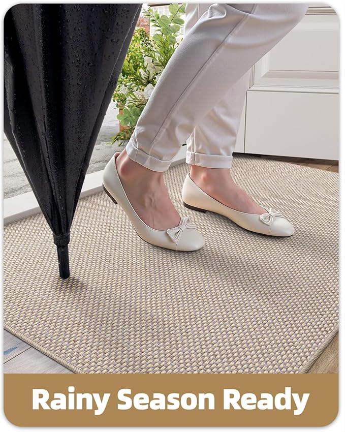 Color&Geometry Ultra-Thin Indoor Door Mat, 48"x72" Low-Profile Non-Slip Entryway Rug with Modern Geometric Texture, Washable Doormat for Indoor Entrance, Front Door, Khaki (Rolled-up NO Creases)