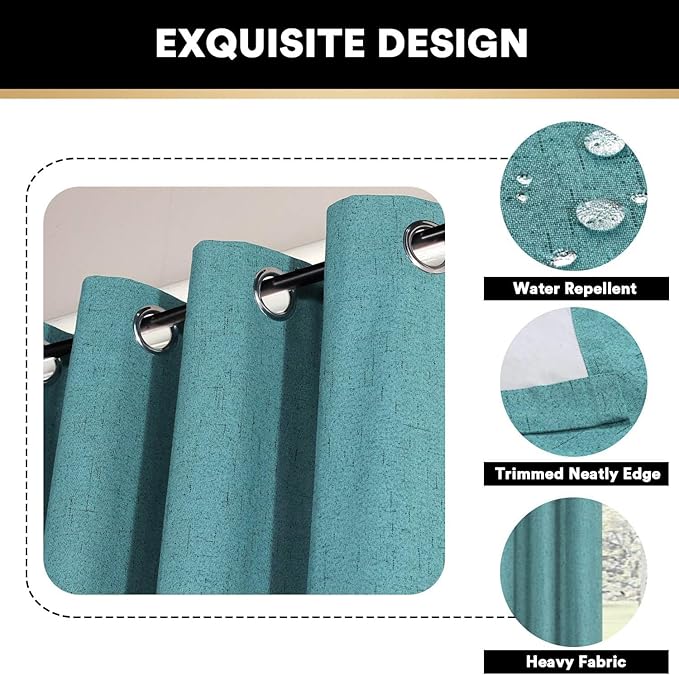 PrinceDeco Teal Blue 100% Blackout Linen Textured Curtains for Bedroom Thermal Insulated Grommet Room Darkening Curtains & Drapes for Living Room Nursery 42 x 84 Inch (2 Panels)