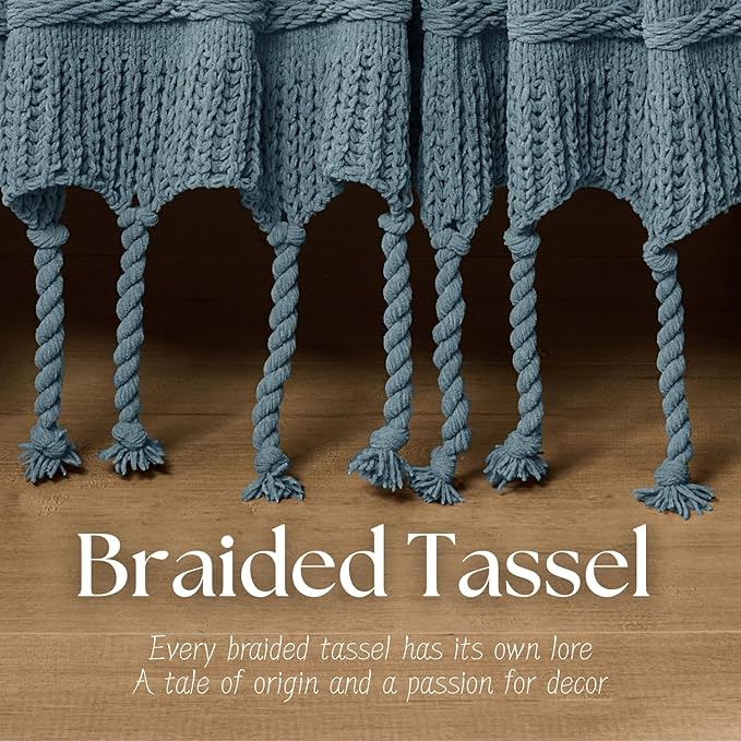 Boho Knitted Chenille Blanket with Tassels - Lightweight & Soft All-Season Throw - 3D Classic Pattern for Living Room Bedroom Couch, Celestial Blue, Throw 50"x60"