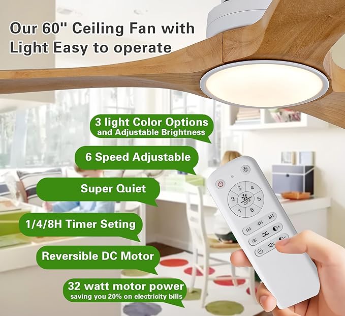 Gaizw Ceiling Fans with Lights and Remote Control, 60 Inch Ceiling Fan with Light, 2 Downrods 3 Blades Celing Light,6 Speeds Reversible Quiet DC Motor Indoor Outdoor Fan