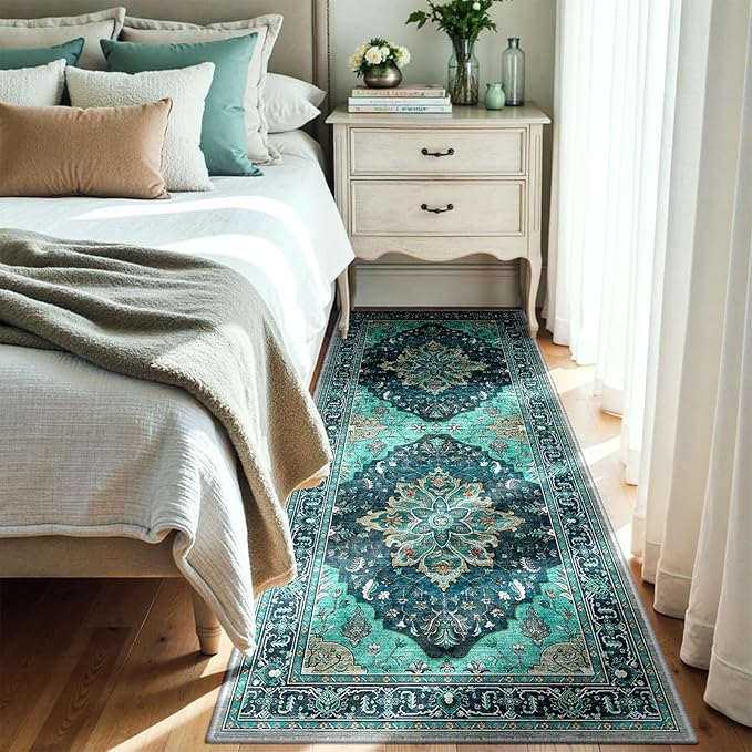 Area Rugs 3'x7' Washable Non-Slip, Floral Vintage Distress Print Pattern Medallion Carpet for Living Room Bedroom Dining Room, Teal Green Lake Blue Turquoise