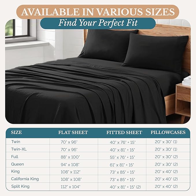 Casa Platino California King Sheets, 4 Piece Set, Pre-Washed Ultra Soft Bed Sheets Set, Brushed Microfiber California King Bedding Sets, California King Size Sheets with 15 inch Deep Pockets - Black
