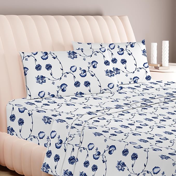 Carressa Linen 100% Egyptian Cotton Printed Bed Sheets - 600 Thread Count 3 PC Twin Sheet Set, Hotel Luxury Sateen Bedsheets, 16" Deep Pocket Soft Cooling Sheets for Twin Size Bed - Floral Blue
