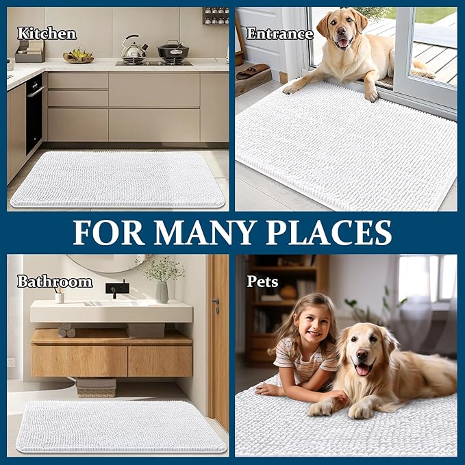 OLANLY Dog Door Mat for Muddy Paws 47x20, Absorbs Moisture and Dirt, Absorbent Non-Slip Washable Doormat, Quick Dry Chenille Mud Mat for Dogs, Entry Indoor Entryway Carpet for Inside Floor, White