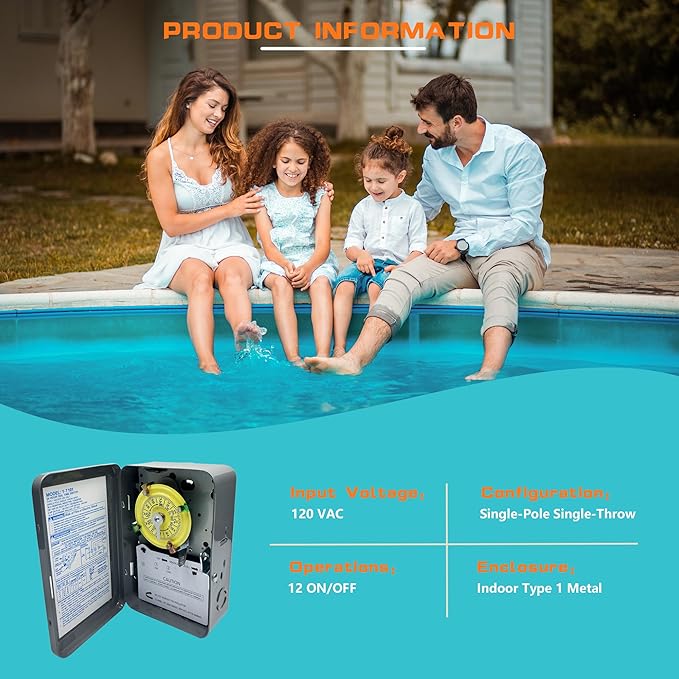 T101 Mechanical Time Switch,120 VAC 2HP 40A SPST,12 ON/Off 24 Hour Mechanical Time Switch,Heavy Duty, Manual Override,Indoor Metal Enclosure,for Lights, Pumps, Fans, and HVAC Systems