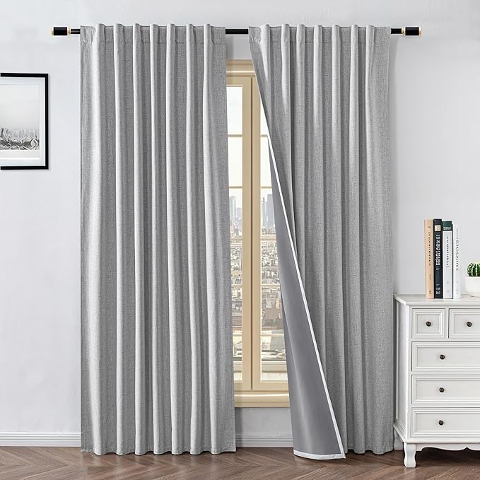 100% Blackout Curtains for Living Room, 96 Inch Curtains 2 Panel Set Light Blocking, Back Tab & Rod Pocket Thermal Insulated Drapes Bedroom Windows Home Decor(52W × 96L inch, Greyish White)