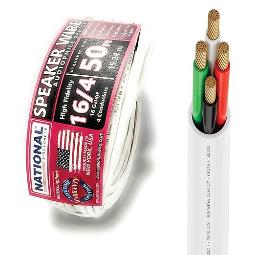 NATIONAL Wire&Cable - 16/4 Audiophile Speaker Wire (50 Feet) 16AWG Gauge - Made in USA - in Wall Audio Speaker Wire Cable/CL Rated/ETL Listed / 2 Conductors - OFC Oxygen-Free Copper, White 50ft