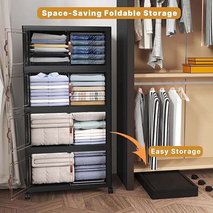 Extra Large Stackable Storage Bins with Lids & Wheels, Foldable Plastic Storage Bins (Dark, 440QT-55QT/30GAL*8Pack)