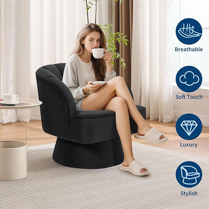 GarveeHome Modern Swivel Barrel Accent Chair, 360 Degree Velvet Upholstered Armchair with Striped Backrest & Plush Padding, Comfy Round Lounge Chair for Living Room, Bedroom, Reading Nook, Black