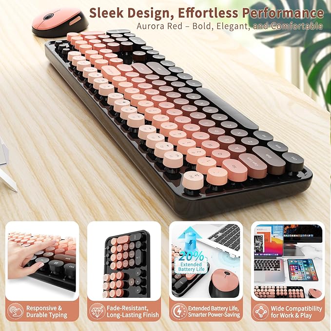 Nowlike Wireless Keyboard and Mouse Combo, Retro Typewriter Keyboard with Round Keycaps, Full-Size Ergonomic, Aurora Red, Ideal for Windows PC, Home, Office, and College