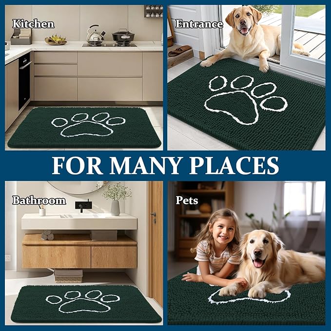 OLANLY Dog Door Mat for Muddy Paws 36x24, Paw Print Design, Absorbs Moisture and Dirt, Absorbent Non-Slip Washable Doormat, Quick Dry Chenille Mud Mat, Entry Indoor Entryway Carpet, Blackish Green