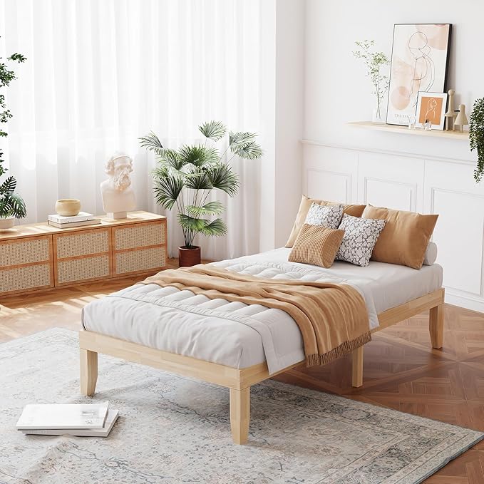 Giantex 14 Inch Twin Wood Platform Bed Frame, Minimalist Style Mattress Foundation with Solid Rubber Wood, Heavy Duty Slat Support, Without Headboard, Easy Assembly, No Box Spring Needed, Natural