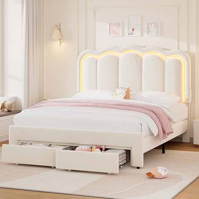 Velvet Upholstered Full LED Bed Frame with 2 Storage Drawers and Adjustable Chic Double Wavy Headboard, Princess Platform Bed with Charing Station, Solid Wood Slats Support,No Box Spring Needed,Beige
