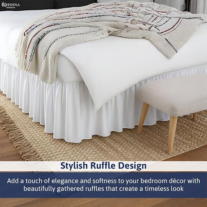 KRISHNA Ruffled Bed Skirt with Split Corners Queen, 100% Microfiber Hotel Quality, 24 Inch Drop Dust Ruffle Gathered Bedskirt with Platform, 60" x 80", White