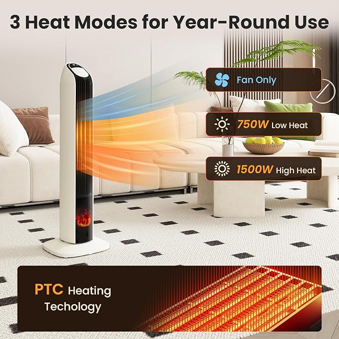 Zynkez 33" Space Heaters for Indoor Use Large Room, 1500W PTC Tower Fireplace Heater with 3D Flame, Room Heater w/Remote Control,12H Timer & Oscillation, Portable Electric Heaters for Bedroom, Beige