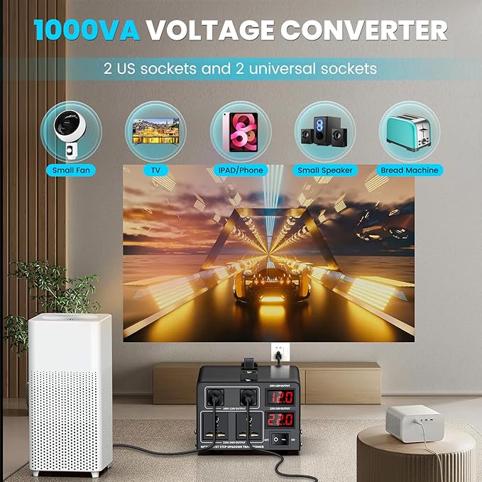 1000W Voltage Converter Transformer(110V to 220V or 220V to 110V) Step Up/Down Converter 110/120 Volt - 220/240 Volt w/US Power Cord,Circuit Breaker Protection, LCD Screen Display