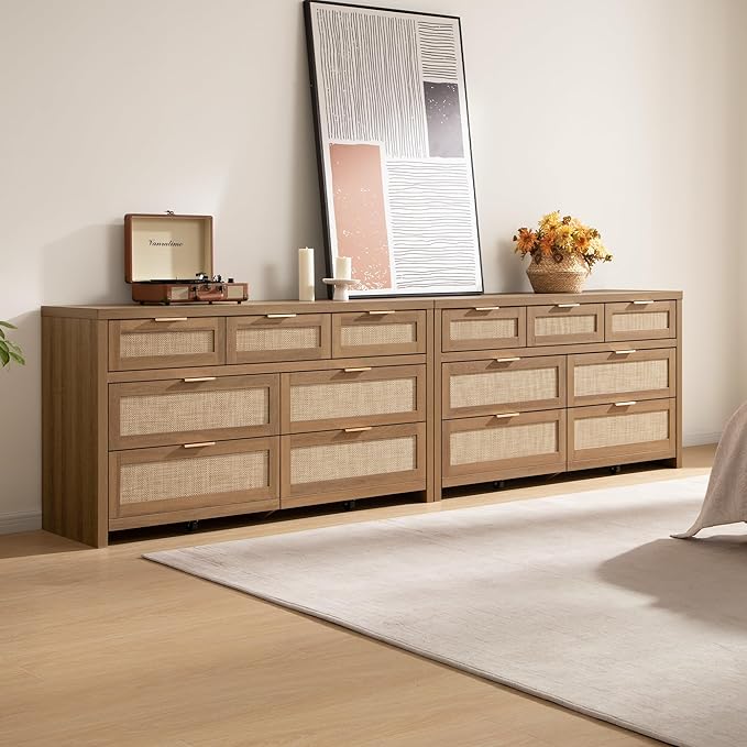 SICOTAS 7 Drawer Dressers for Bedroom Set 2, Long Rattan Dresser, Dresser TV Stand, Closet Organizer Chest of Drawers, Clothes Storage Dressers (Reclaimed Caramel Oak, 7 Drawers (2 pcs))