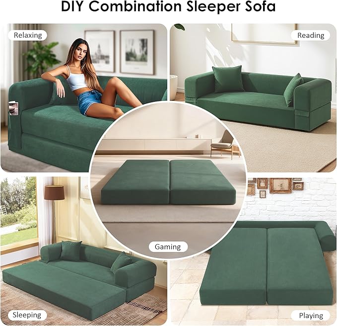 80" Convertible Sofa Bed, Corduroy Deep Seat Folding Pull Out Couch with Pillows, No Assembly Modern Boneless Couch Compression Sofa in Box, Floor Sofa with Storage Pocket for Living Room,Light Green
