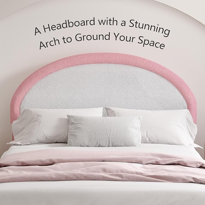 Queen Bed Frame, Boucle Upholstered Platform Bed Frame with Headboard, White Bed Frame, Soft Rounded Corners, No Box Spring Required, Easy Assembly, Pink&White