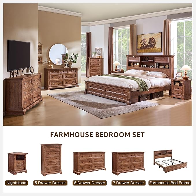 Farmhouse King Size Bed Frame with 54" Tall Storage Bookcase Headboard, Wood Platform Bed Frame with 18" Tall Roman Column Decoration Footboard & 2 Drawers, No Box Spring Needed(Reclaimed Barnwood)