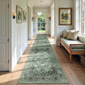 Area Rugs 3'x12' Washable Non-Slip, Floral Vintage Distress Print Pattern Medallion Carpet for Living Room Bedroom Dining Room, Dark Green Gray