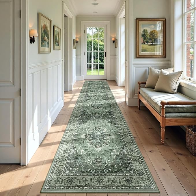 Area Rugs 3'x9' Washable Non-Slip, Floral Vintage Distress Print Pattern Medallion Carpet for Living Room Bedroom Dining Room, Dark Green Gray
