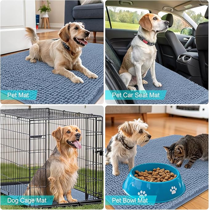 OLANLY Dog Door Mat for Muddy Paws 47x24, Absorbs Moisture and Dirt, Absorbent Non-Slip Washable Doormat, Quick Dry Chenille Mud Mat for Dogs, Entry Indoor Entryway Carpet for Inside Floor, Airy Blue