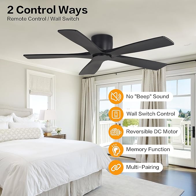 WINGBO 54" Flush Mount DC Ceiling Fans Without Lights, 5 Carved Solid Wood Blades, 6-Speed Reversible DC Motor, Low Profile Hugger Ceiling Fan No Lights for Living Room Bedroom Patio, Matte Black