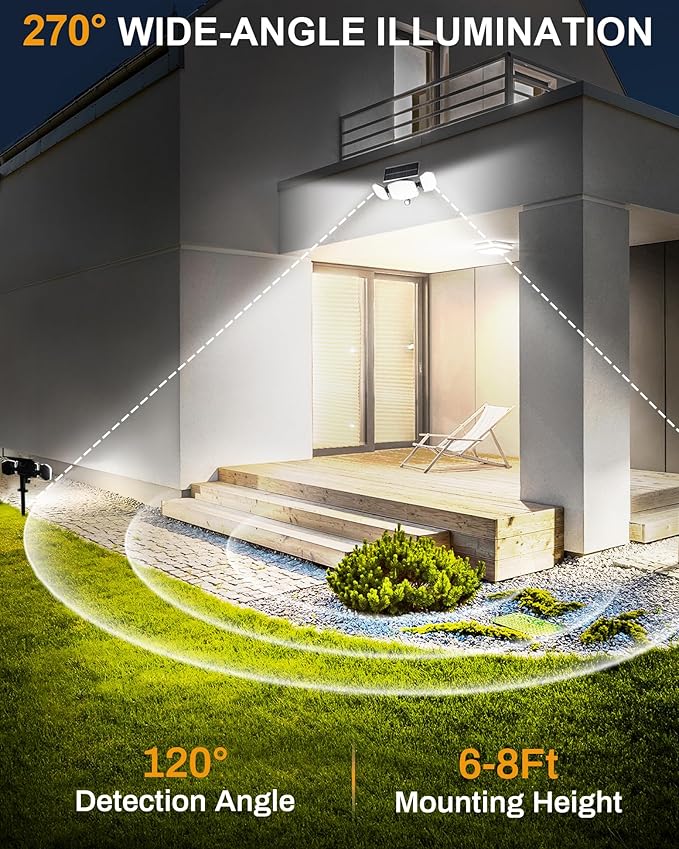 HAARAY Solar Motion Sensor Outdoor Lights with Stakes, In-Ground or Wall Mount, 270° Wide Angle Illumination, 208 LED Solar Powered Security Flood Lights, IP65 Waterproof, 2 Pack