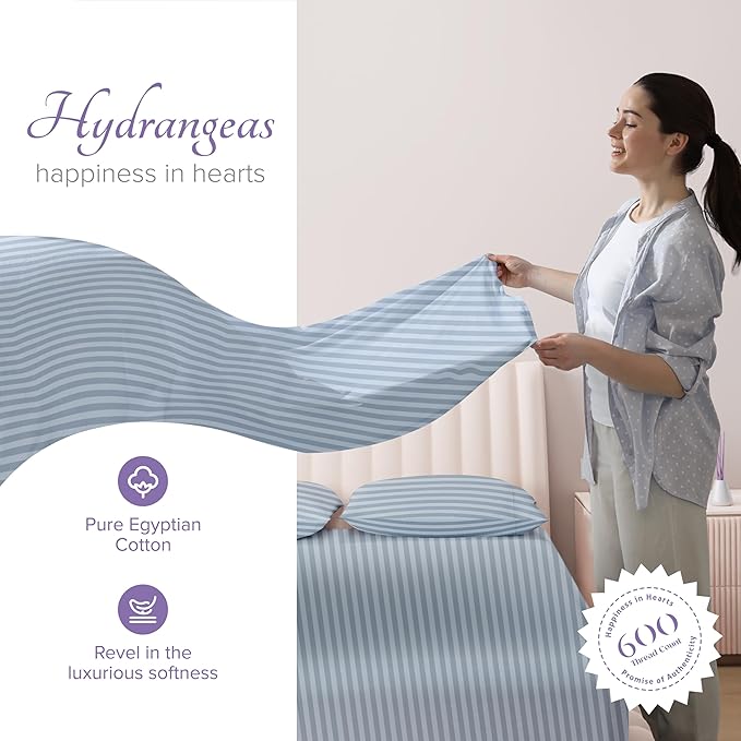 Carressa Linen Luxury Egyptian Cotton Full Stripe Sheet Set - 600 Thread Count Extra Long Staple 4 PC Set, Light Blue Full Damask Sheets, Soft, Cooling Sateen Weave Sheets Upto 18 in Deep Pocket