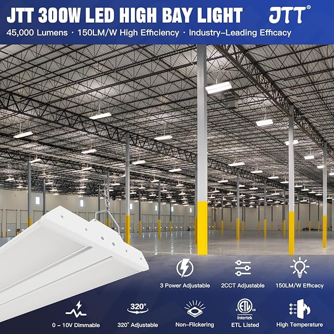JTT 300/240/200W LED Linear High Bay Light, 45000LM Linear High Bay Shop Light Commercial 120-277V, 4/5000K Lights Shop Workshop Store Commercial Supermarket Warehouse Basement, 1-Pack ETL