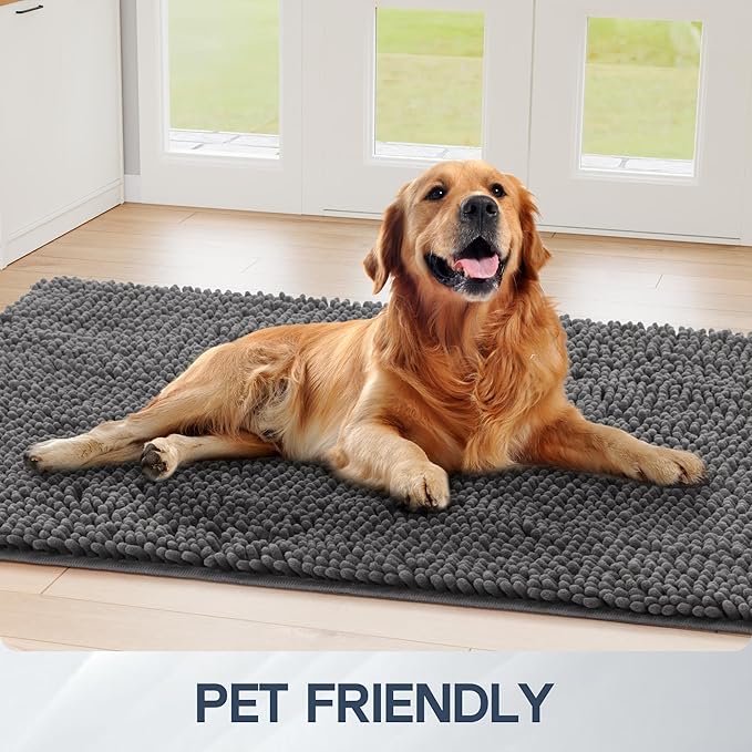 Dog Door Mat for Muddy Paws, 60" x 24" Chenille Absorbent Front Door Mat Inside, Large Runner Mud Mat for Dogs, Trap Dirt Washable Non Slip Outdoor Indoor Entrance Doormats, Grey