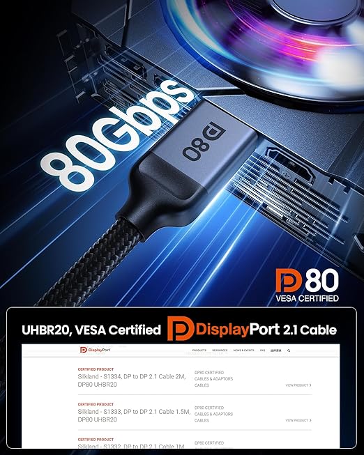Silkland 80Gbps Short DisplayPort 2.1 Cable 1.6FT [VESA Certified], [8K@240Hz, 4K@540Hz 360Hz 240Hz] DP 2.1 Cable 16K, DP80 HDR Display Port Cord Compatible FreeSync G-Sync Gaming Monitor 5090 7900XTX