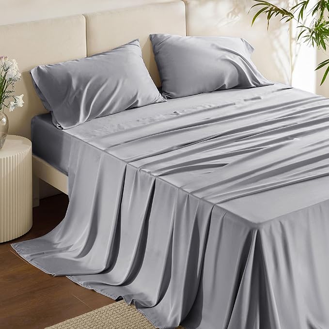 Bedsure Full Size Bed Sheets, Cooling Sheets, Rayon Derived from Bamboo, Breathable & Soft, Deep Pocket Up to 16 Inches, Hotel Luxury Silky Bedding for Hot Sleepers, Silver Grey