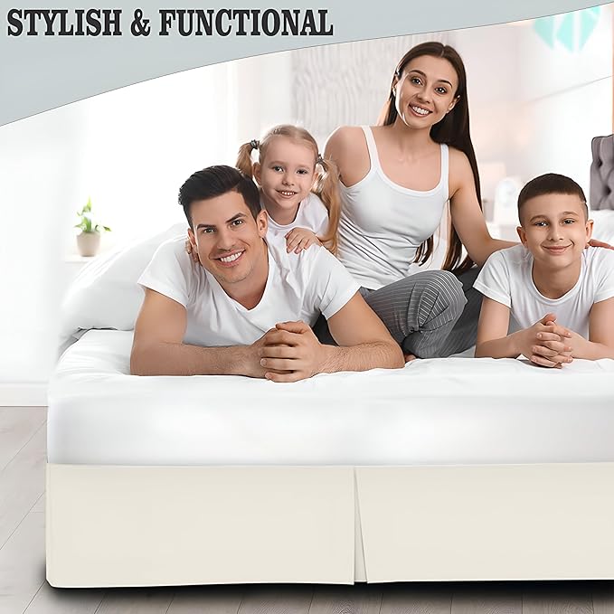 Pleated Bed Skirt King Size, 16" Drop with Platform Design for Secure Fit, Split Corners, Wrinkle-Resistant Microfiber for Modern Stylish Look, Tailored Bedding for Hotel Luxury - Ivory