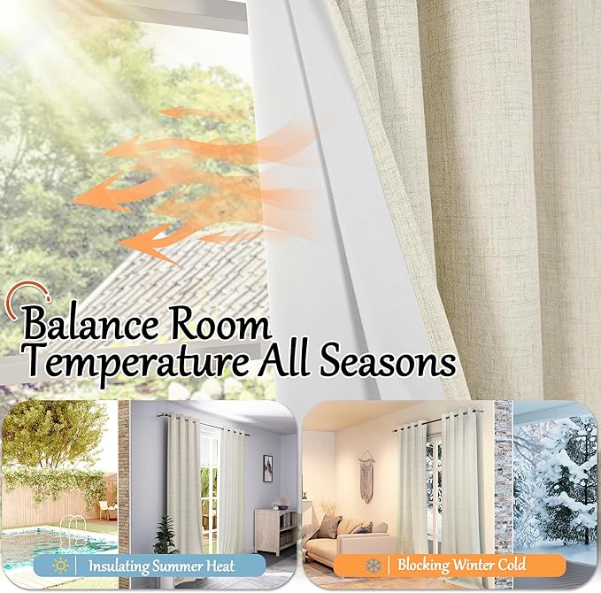 60 Inch Wide Linen Blackout Curtains for Living Room/Bedroom 84 Inch Length 2 Panels, Total Black Out Thermal Insulated Soundproof Grommet Boho Window Drapes White Liner for Modern Farmhouse, Natural