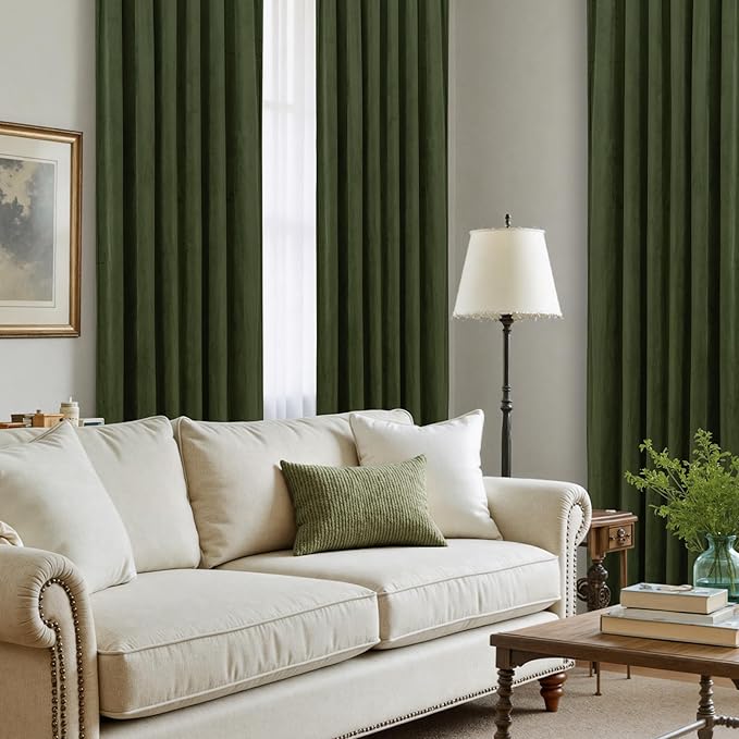 LAMIT Olive Green Velvet Blackout Curtains 78 Inch, Vintage Thermal Insulated Room Darkening Drapes for Living Room Back Tab and Rod Pocket Privacy Window Panels for Bedroom, 2 Panels, 52 x 78 Inch