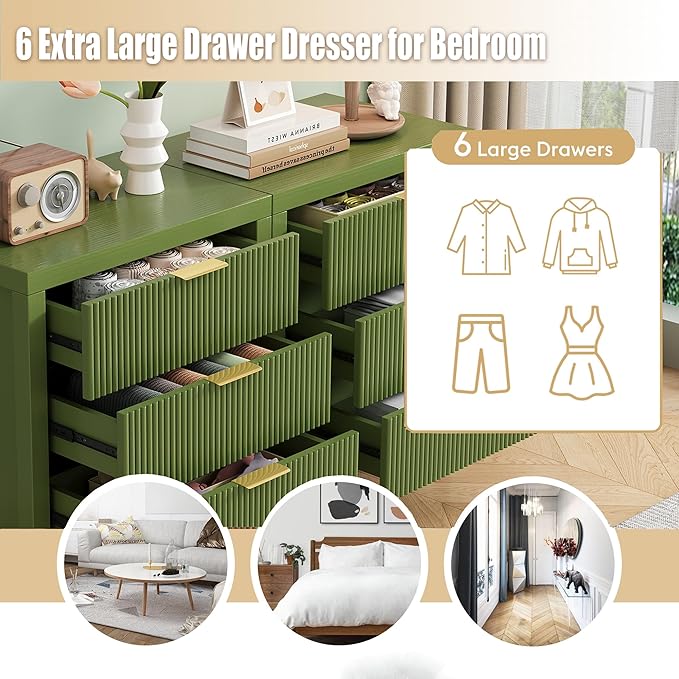 End Table with Storage, Wooden Farmhouse Nightstands with 6 Drawers, Bedside Table - Boho Tall Side Table Accent for Bedroom, Living Room, Green X2