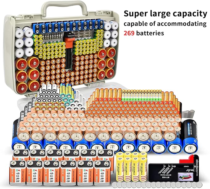 Aptbyte Battery Organizer Storage Holder Box Case with Tester- 269 Batteries Double-Sided Variety Pack, Holds AA AAA 4A C D Cell 9V 3V Lithium LR44 CR2 CR123 CR1632 18650 Button- White(Box Only)