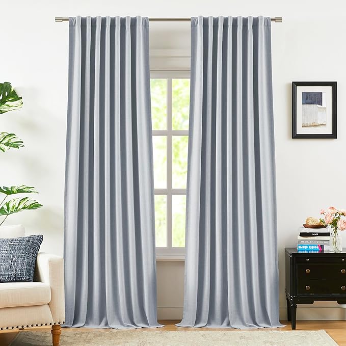 Vision Home Blue Fog Linen Full Blackout Curtains for Bedroom Living Room Darkening Soundproof Window Panels 102 inch Thermal Insulated Rod Pocket Back Tab Linen Blue Drapes 56" Wx102 Lx2