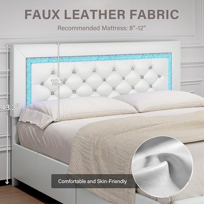 BarnFurin King Size Bed Frame with LED Lights and Storage Drawers, Upholstered Platform Bed with Diamond Tufted Headboard, Wooden Slats Support, No Box Spring Needed, Easy Assembly, White
