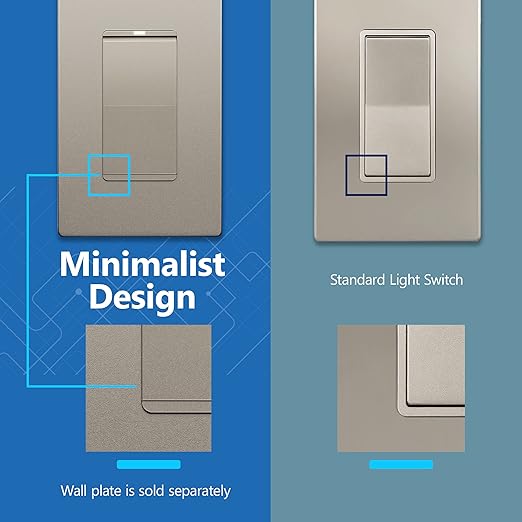 LIDER Minimalist Design Matte Finish Lighted Decorator Switch, Frameless Paddle Light Switch with Locator Light, Grounding Screw, 15A 125V, UL Listed, LS15-1P-NK5P, Nickel, 5 Pack