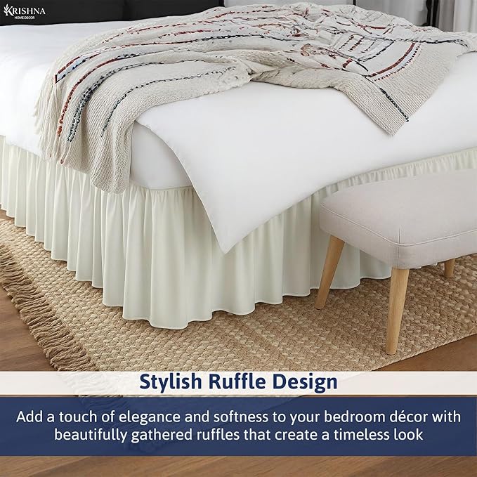 KRISHNA Ruffled Bed Skirt with Split Corners Queen, 100% Microfiber Hotel Quality, 18 Inch Drop Dust Ruffle Gathered Bedskirt with Platform, 60" x 80", Ivory
