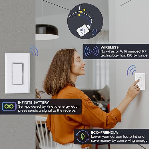RunLessWire 3-Way Battery-Free DIY Wireless Light Switch Kit 150ft RF Range Self-Powered by Kinetic Energy for Hallways & Stairways: 2 Remote Switches Control 1 5A On/Off Receiver – Ivory