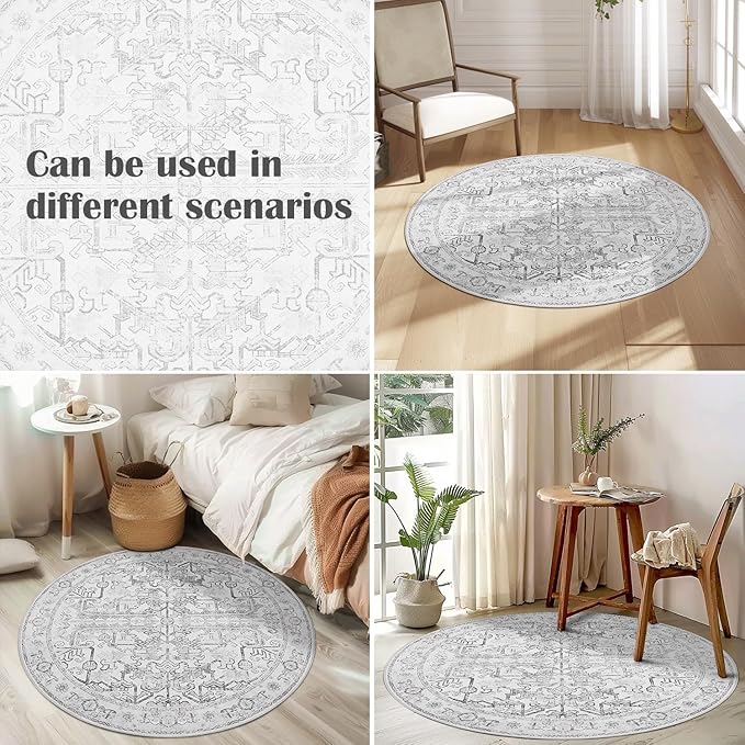 jinchan Lima Round Rug 4ft Vintage Machine Washable Area Rug Indoor Circle 4' Ultra-Thin Non-Slip Floral Print Carpet for Farmhouse Entryway Dining Room Living Room Bedroom Office (4'Round, Grey)
